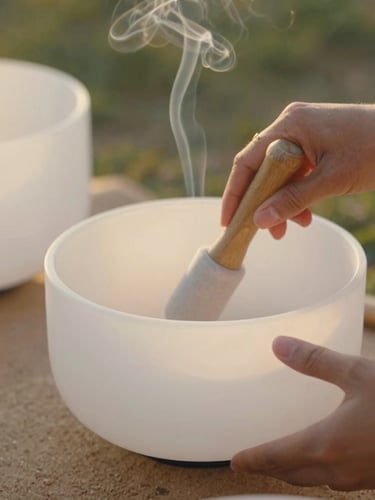 Detailed close-up shot of hands gently striking a frosted quartz sound bowl with a mallet, soft golden hour lighting, delicate incense smoke drifting in the background, warm sand and sage green color palette, shallow depth of field.