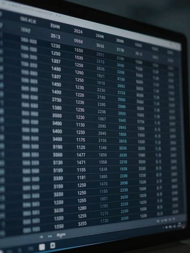 Close-up of structured data on a dark screen in a dimly lit corporate office, cool blue tones, deep shadows, sharp focus, 35mm