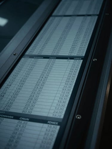 Close-up of structured data on a dark screen in a low-key corporate environment, cool blue tones, sharp architectural lines, 35mm