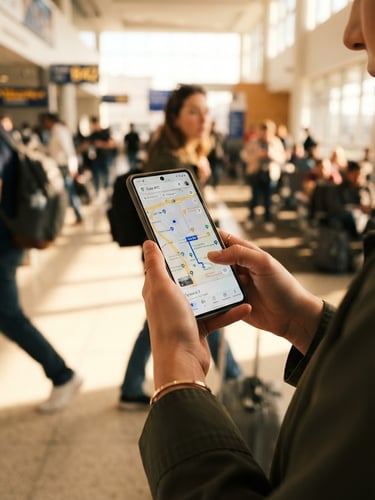 Candid close-up of a traveler holding a smartphone showing a map in a sunlit airport terminal, warm daylight, shallow depth of field.