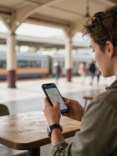 Candid medium shot of a traveler sitting in a sunlit train station cafe, holding a smartphone showing a map, warm editorial travel photography