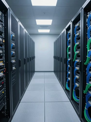 Cinematic wide angle shot of a pristine corporate server room, perfectly organized blue and green ethernet cables, soft overhead lighting, highly professional setup.