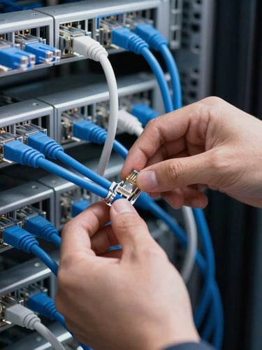 Close-up of a professional IT engineer's hands organizing flawless blue and white ethernet cables in a clean, modern server rack, bright daylight with cool ambient tech glow.