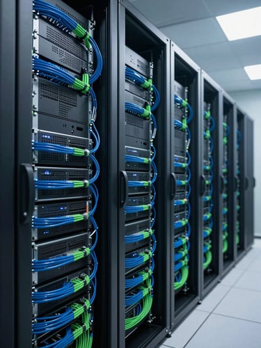 Wide environmental shot of a modern, brightly lit server room with immaculate, organized blue and green cabling, soft ambient tech light, high-end corporate aesthetic.