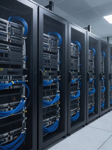 Wide environmental shot of a clean, hyper-modern server room with immaculate blue cabling, soft ambient tech lighting, highly organized racks, high clarity and contrast, no people.