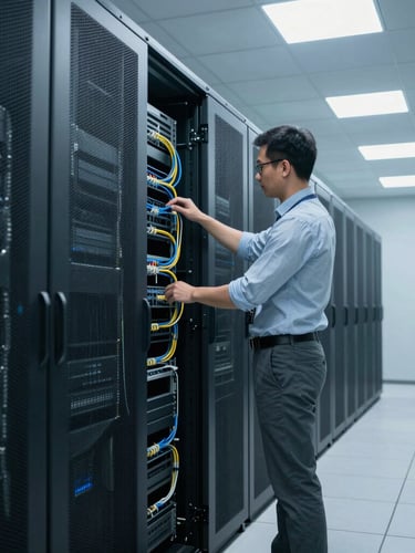 Wide environmental shot of a modern, immaculate corporate server room, a professional network engineer in business casual attire inspecting clean cabling under bright, cool-toned ambient LED lighting, high clarity.