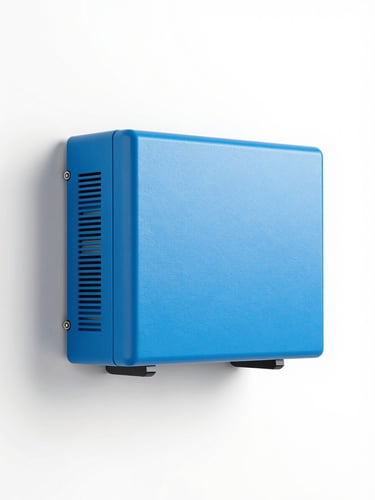 Bright high-key product photography of a clean blue inverter unit neatly mounted on a utility room wall, crisp studio light, sharp focus.