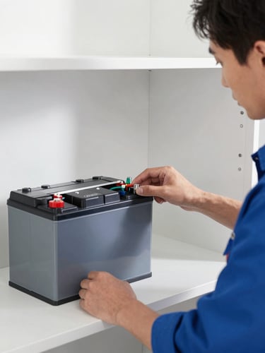 A professional electrical technician in a neat blue uniform installing a heavy tubular battery in a clean utility closet, natural daylight, crisp 50mm lens