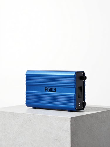 Straight-on studio shot of a sleek blue domestic power inverter sitting on a clean concrete pedestal, bright high-key product photography, crisp studio light