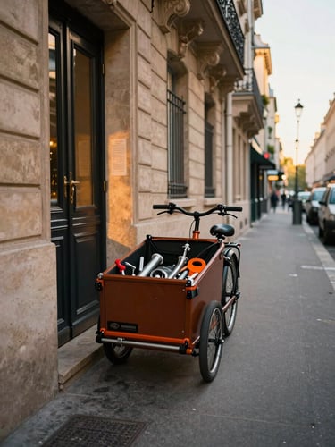 Wide street-level view, cargo bike loaded with plumbing tools parked tight against a Haussmann apartment building doorway, golden morning light raking the orange-painted box, narrow Paris sidewalk receding into the background