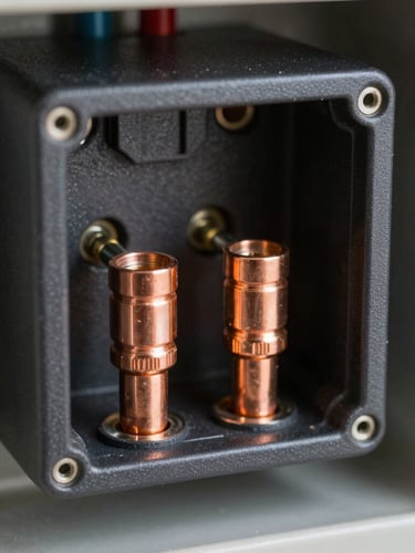 Macro shot of a heavy-duty whole-home surge protection device with clean copper-to-copper connections inside a matte charcoal electrical panel, sharp technical utility lighting.