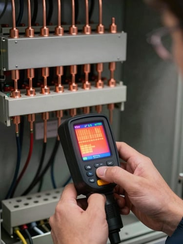 Close-up of a technician's hands using a thermal imaging camera to verify heat signatures on clean copper-to-copper connections inside a newly upgraded electrical panel.