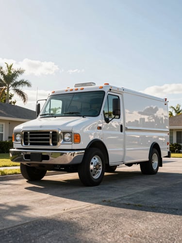 Low-angle heroic shot of a clean SwiftCurrent service truck parked in a suburban Longwood driveway, bright Florida morning sunlight reflecting off the metallic vehicle body, sharp focus.