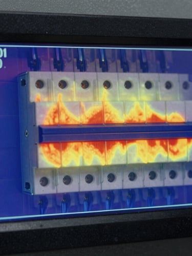 Thermal imaging camera screen showing heat signatures of a breaker panel, high-contrast utility lighting