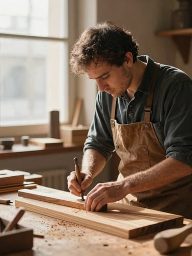 Warm editorial photography of a local Italian carpenter in his workshop, soft natural daylight filtering through the window, rich wood textures, shallow depth of field, authentic environment.