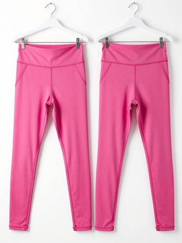 Bright commercial fashion photography, high-key studio lighting, modern pink leggings and activewear top displayed on a minimalist hanger against a clean white background, sharp focus.