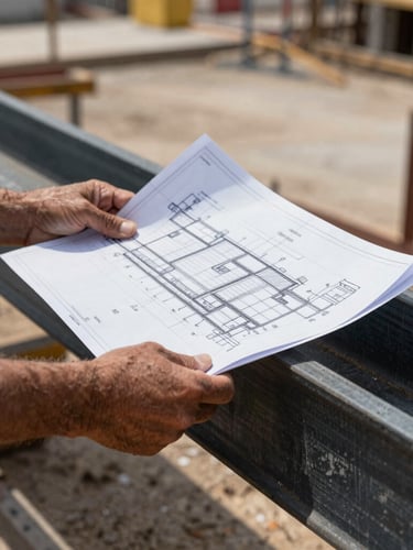 Close-up of weathered hands holding a detailed blueprint over a steel beam on an active construction site, high contrast.