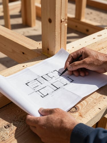 Close-up of weathered hands holding architectural blueprints over a heavy timber framing joint, harsh Texas sunlight, high contrast