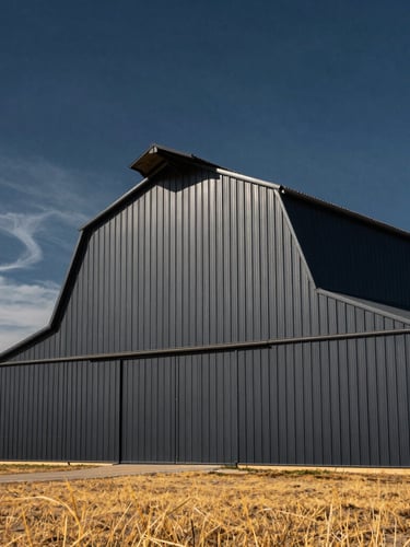 Low angle architectural shot of a massive engineered metal barn standing in a golden Texas field under a dramatic sky, sharp lines, high contrast