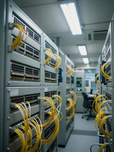Wide environmental shot of a Hong Kong institutional financial data center, network patch panels and fiber bundles in tight overhead framing under cool white light, deep focus, no people