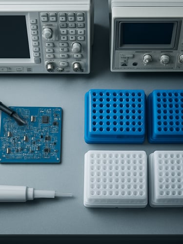 Extreme close-up overhead of a biotech laboratory bench in Hong Kong, circuit analysis equipment and pipette racks arranged in precise grid under cool studio strobe light, deep focus, no people