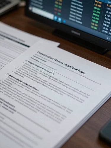 Extreme close-up of regulatory compliance documents and a financial dashboard on a desk in a Hong Kong institutional office, cool studio strobe lighting, overhead angle, deep focus on printed text and screen data, no people