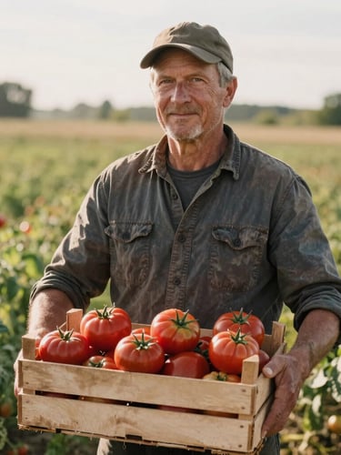 Soft natural light portrait of a heritage farmer in a sunlit field, holding a wooden crate of freshly harvested heirloom tomatoes, rustic Scandinavian aesthetic.