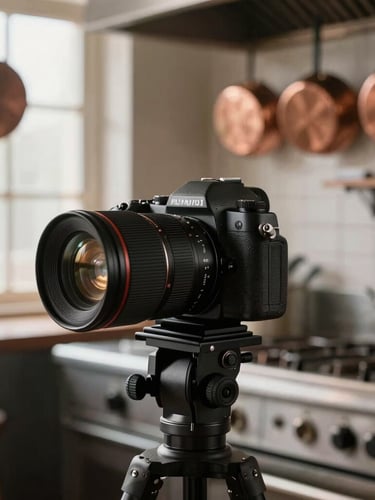 A portrait of a camera setup in a rustic restaurant kitchen, soft morning light filtering through a window, copper pans hanging in the background.