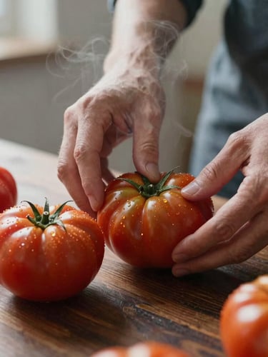 A close-up, natural-light shot of hands prepping fresh heirloom tomatoes on a dark wooden table, soft steam rising in the background, Scandinavian aesthetic.