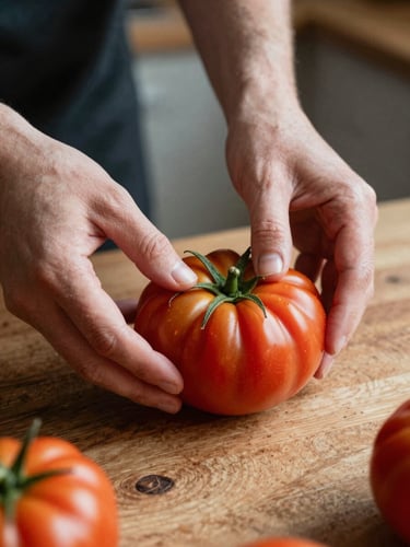 Tight macro shot of hands preparing fresh heirloom tomatoes on a rustic wooden table, soft directional natural light casting deep shadows, Scandinavian kitchen setting, warm tones, high contrast.