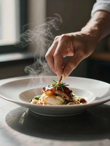 A close-up of hands plating a dish at the pass, soft directional window light, high shadow contrast, steam rising.