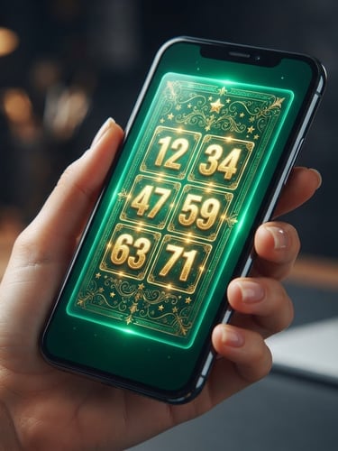Close-up of a modern smartphone displaying a transparent lottery ticket with golden numbers, bright studio lighting, emerald green glow, sharp focus