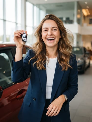 Authentic medium shot of a happy winner holding new car keys, bright natural studio lighting, rich saturated tones, modern editorial photography