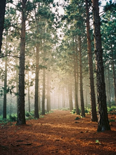 Misty morning pine forest in the Sierra de Hidalgo, warm sunlight filtering through tall trees, 35mm film style, rich green and clay tones.
