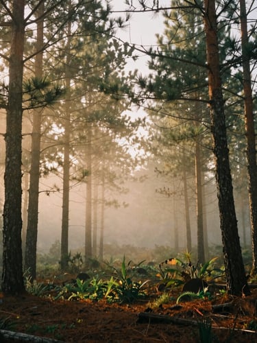 Misty morning pine forest in the Sierra de Hidalgo, soft fog rolling through tall trees, warm golden hour sunlight filtering through branches, earthy green and clay tones, 35mm film style landscape.