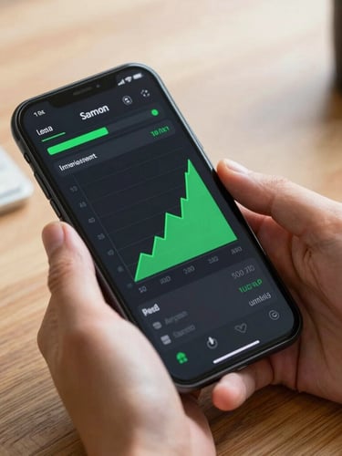 A clean close-up of a mobile screen showing a lead dashboard with green growth charts, held by hands over a wooden desk in bright Australian daylight.