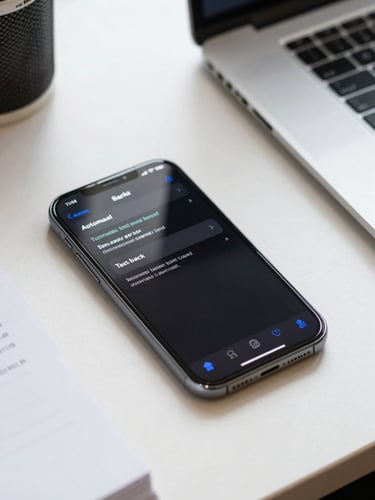 A clean, bright Australian office desk with a modern smartphone showing an automated text-back notification, natural daylight, eye-level close-up