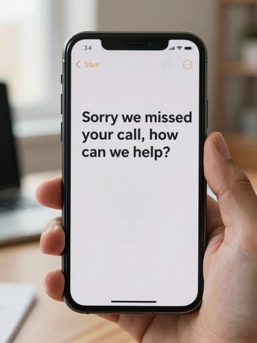 A close-up of a smartphone screen held in a hand, displaying an instant automated text reply saying 'Sorry we missed your call, how can we help?', warm daylight, natural office background.