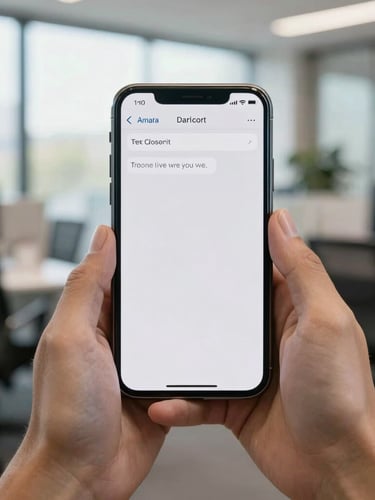 Clean close-up of hands holding a mobile phone displaying a prompt automated text response, bright natural Australian office daylight, straight-on framing, focusing on human-scale technology.