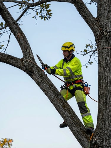 Close-up of an arborist in high-visibility safety gear making a precise pruning cut on a large tree branch, clear sky, crisp morning daylight, sharp detail, 35mm lens