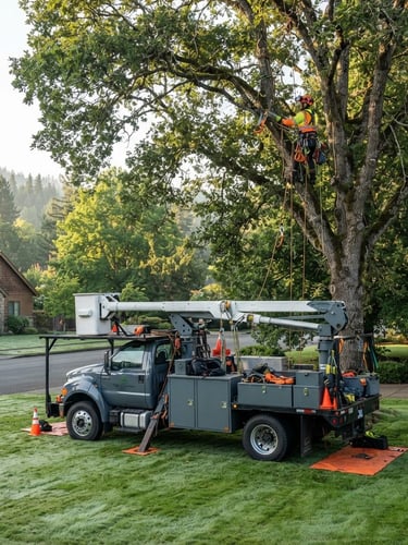 Specialized tree service truck with low-impact rigging parked on a pristine lawn, arborist in high-vis gear inspecting a tree crown, crisp morning daylight, forest green and slate tones, sharp detail, 35mm lens, wide environmental shot.