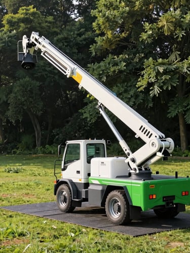 A clean white and green articulating aerial lift truck parked on protective rubber mats on a lush green lawn, morning sunlight, 35mm lens