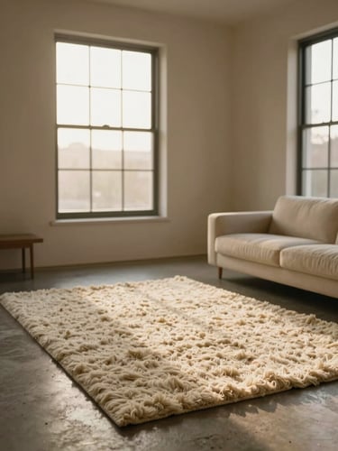 Warm editorial photography of a large minimalist living room with soft golden-hour window light, featuring a rich textured cream wool rug on concrete floors.