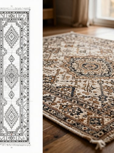 A split-screen composition. On the left, a detailed technical CAD drawing of a geometric carpet pattern with annotated dimensions. On the right, a close-up of a finished hand-knotted wool rug matching the pattern, soft side lighting, rich earthy neutrals, shallow depth of field.