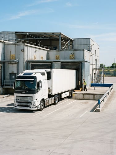 Wide panoramic shot of a modern heavy-duty commercial truck parked at a clean industrial loading dock, bright natural daylight, high-contrast.