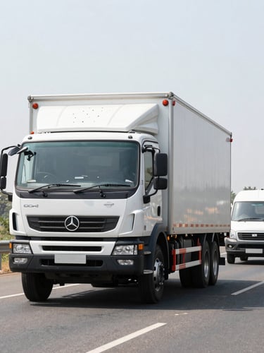 Wide shot of a modern commercial truck driving on a highway in Madhya Pradesh, with a smaller commercial van following, bright natural daylight, high-contrast industrial tones, sharp focus, 35mm lens