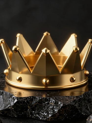 Macro close-up of a heavy 3D gold crown with sharp geometric facets, resting on a dark obsidian monolith, dramatic golden rim lighting, octane render