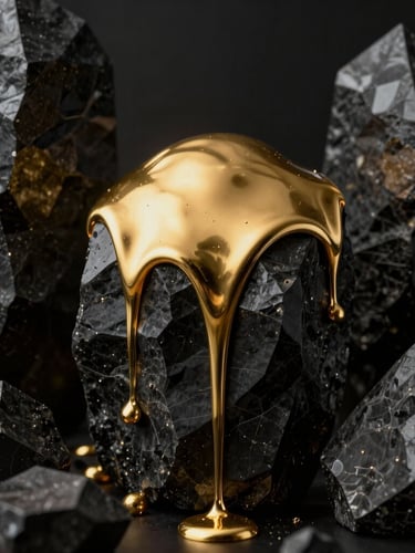 A close-up portrait of liquid gold dripping over dark geometric obsidian monoliths, dramatic chiaroscuro lighting, octane render.