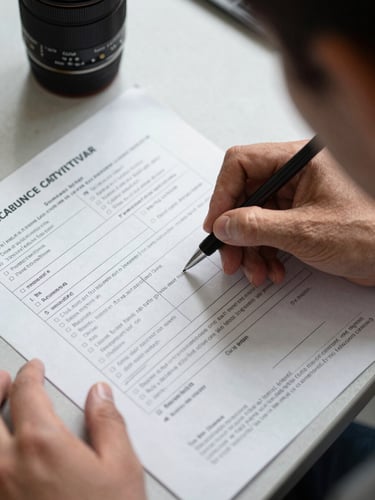 Close-up overhead view of a driver onboarding session, a regulatory checklist form and city permit documents spread across a table under studio lighting, a hand holding a pen reviewing line items, operational detail visible, documentary style