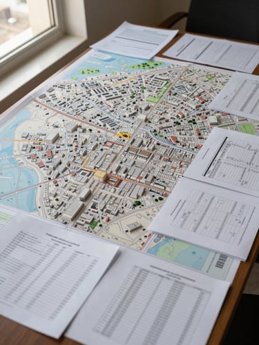 Overhead planning session, city map of an Arabic metropolis spread on a large table, regulatory documents and printed checklists arranged around it, natural daylight from a window to the left